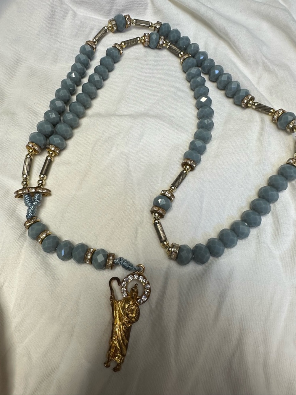 Gold Saint Pendant Rosary with Blue-Gray Faceted Beads